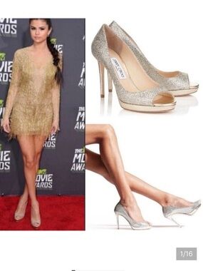 Jimmy Choo 38.5 Luna 120mm platform peep toe glittery heels